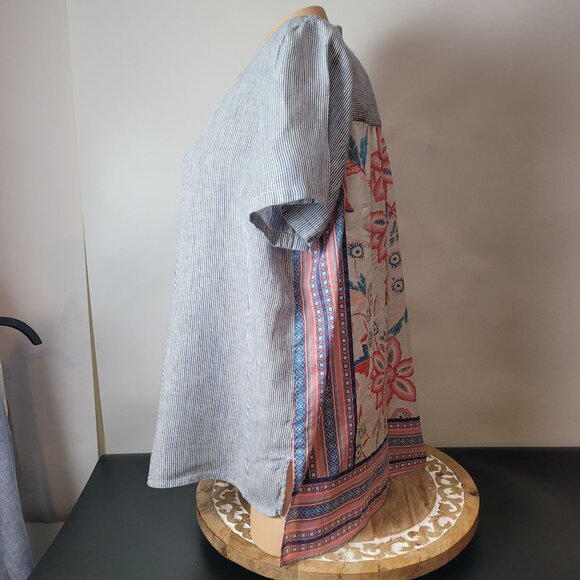 J.Jill Womens Striped Linen Blend Button-Up Short Sleeve Shirt With Floral & Geo - Picture 10 of 16